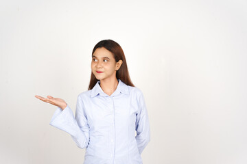 Showing and Presenting Product at Open Palm Of Beautiful Asian Woman Isolated On White Background