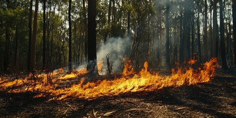 Forest wildfire with intense orange flames spreading across dry ground, surrounded by tall green trees under a clear blue sky, showcasing destruction.