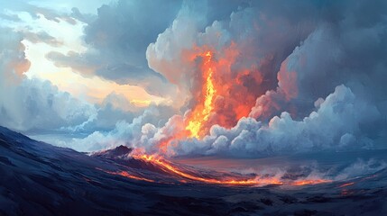 Fototapeta premium A dramatic volcanic eruption under a stormy sky, with fiery lava flowing through a rugged landscape, capturing the raw power of nature amidst dark clouds.