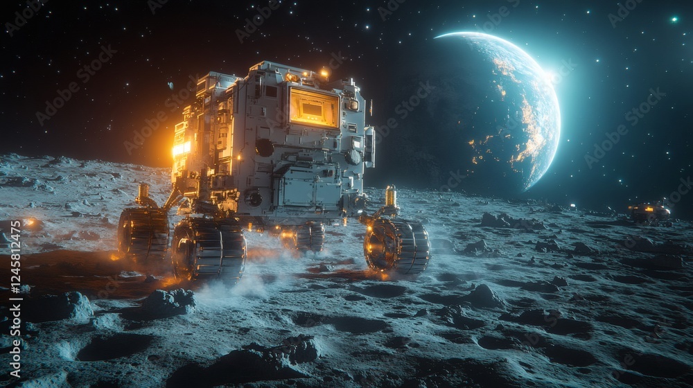 Poster sleek robot a square body dashing across the moons surface with visible craters a futuristic militar