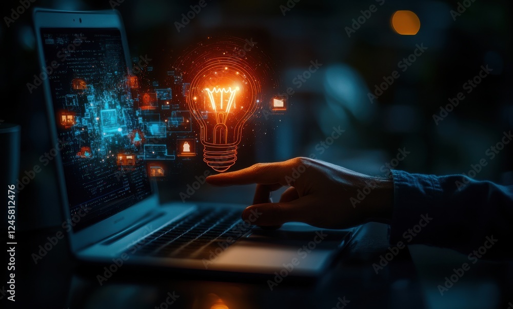 Poster creative concept of idea generation with glowing light bulb and digital elements emerging from lapto