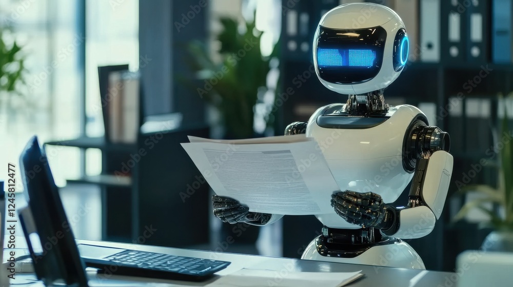 Aufkleber robot assistant analyzing documents in modern office environment