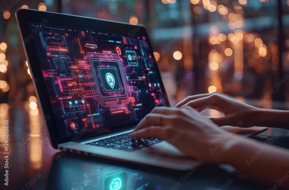 Poster cybersecurity concept featuring laptop displaying digital lock and network protection interface in a