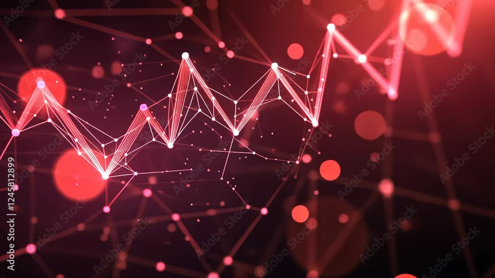 Poster dynamic red waveform with abstract geometric patterns and glowing connections