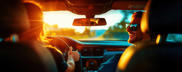 Friends enjoying a scenic drive with sunset in the background.