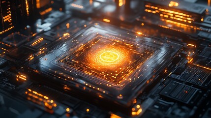 A quantum computer core glowing with shifting light patterns, surrounded by sleek digital designs representing large-scale data processing.