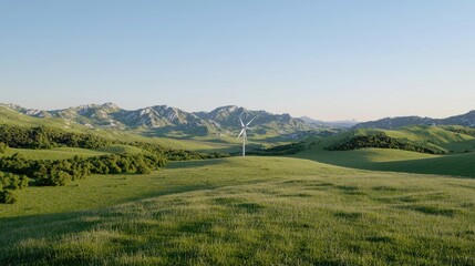 Obraz premium Wind turbine on green hill, mountain backdrop, clean energy