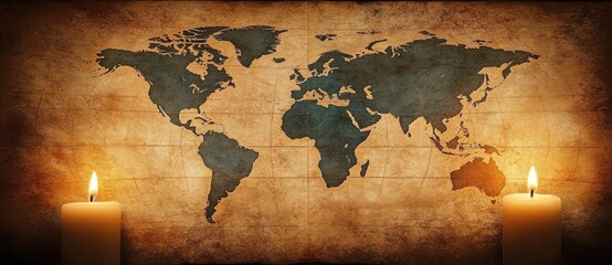 Antique style world map on aged parchment with candlelight illumination and detailed geographic features