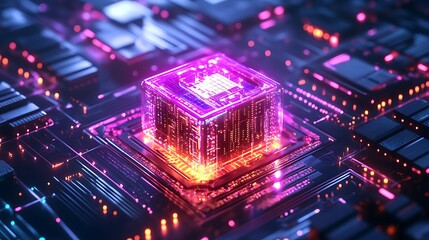 A quantum computer core glowing with shifting light patterns, surrounded by sleek digital designs representing large-scale data processing.