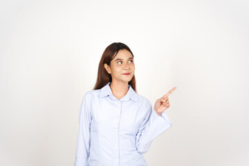Smiling and presenting with  pointing aside Of Beautiful Asian Woman Isolated On White Background