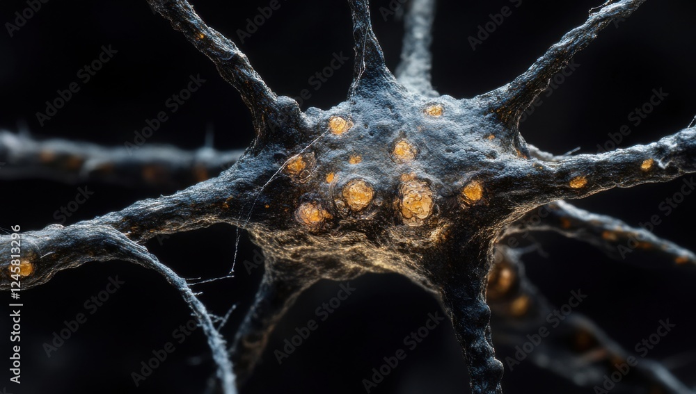 Poster detailed close-up view of a neuron showcasing its complex structure, connections, and glowing nodes 