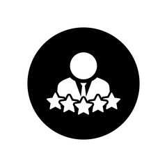 Employee person rating icon on black circle. Businessman reputation with five stars sign symbol