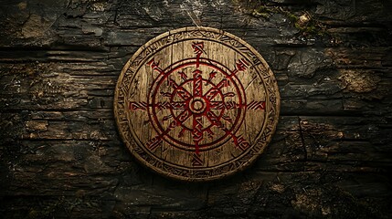 Naklejka premium Ancient Norse Vegvisir Rune Compass on Weathered Wooden Wall.