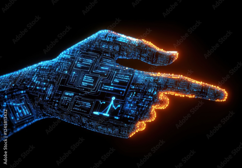 Poster digital hand gesture representing technology and innovation with circuit patterns illuminated in blu