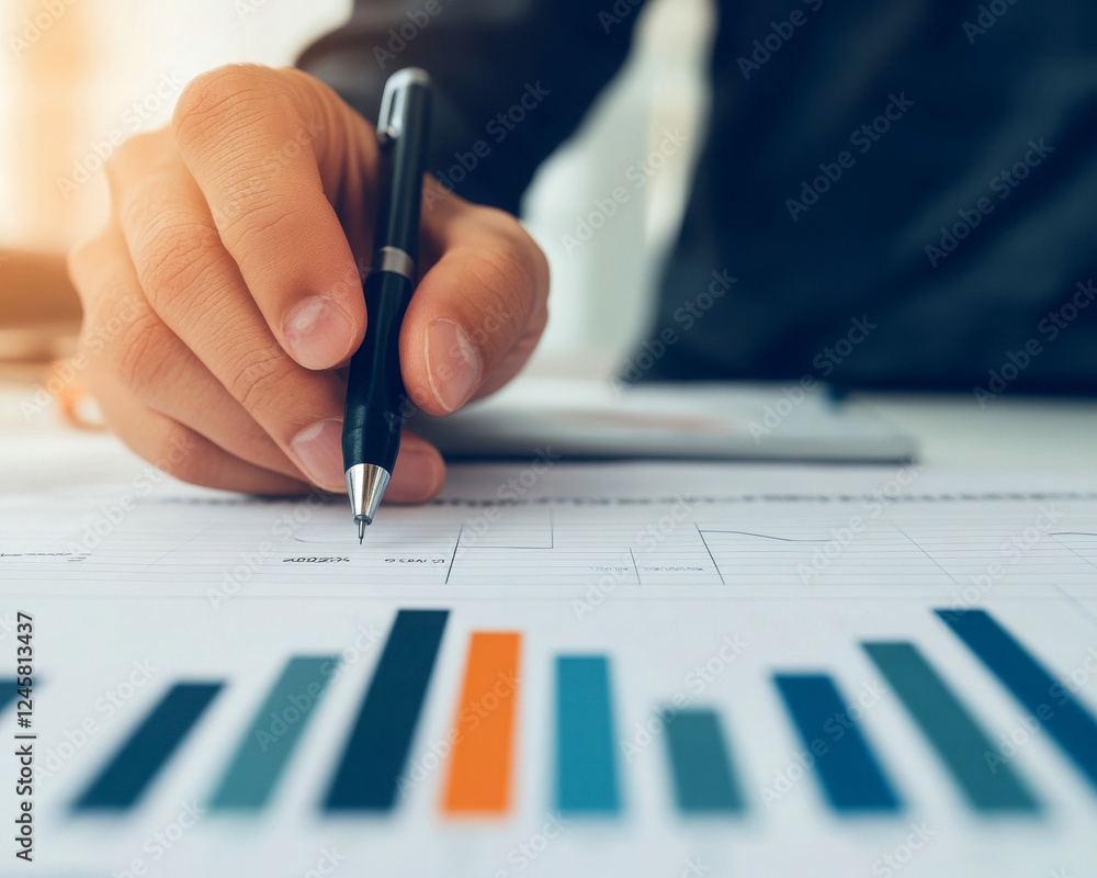 Poster person analyzing financial data with graphs and charts.