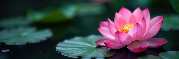 Fototapeta premium Delicate pink lotus flower blooms on dark water surface, botanical, floral arrangement