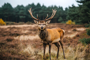 Fototapeta premium Red deer standing in heath having big antlers