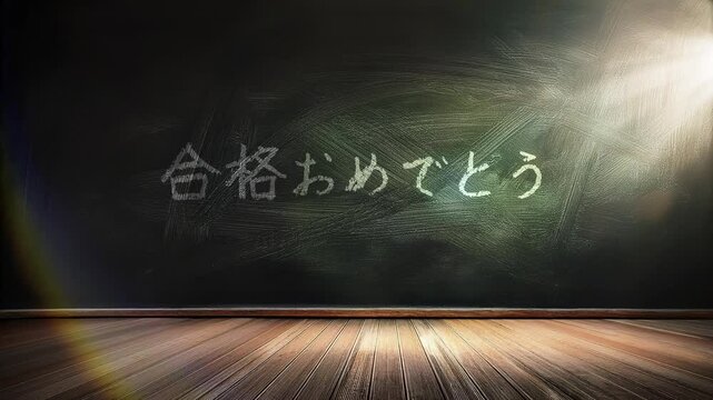学校の教室の黒板 窓から入る日差し太陽の光と窓の影　チョークで書かれた　合格おめでとうの　メッセージ　受験・試験・入学・教育・勉強・学習・新年度の背景　