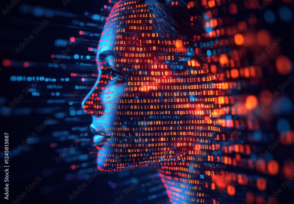 Poster digital transformation concepts represented through woman's profile with binary code and colorful li