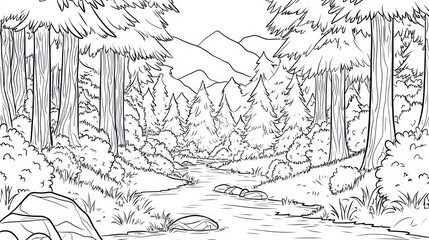 Serene forest stream, mountains backdrop, nature coloring page