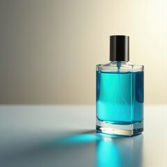 Glass bottle with blue translucent liquid on wet surface, perfume, liquids, bottles