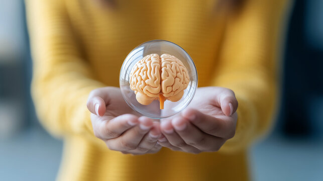 Close-up of hands holding a transparent sphere enclosing a brain model, representing intellect, mental health, and cognitive sciences against a blurred background.Mental well-being and knowledge.