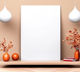 Blank White Canvas Mockup with Dried Branches and Books on Wooden Shelf