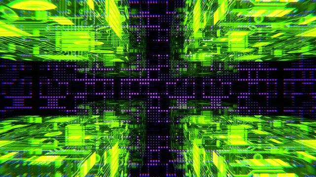 Light Green and Purple Cybernetic Chip Cube and Dots Flythrough Background VJ Loop l 4K