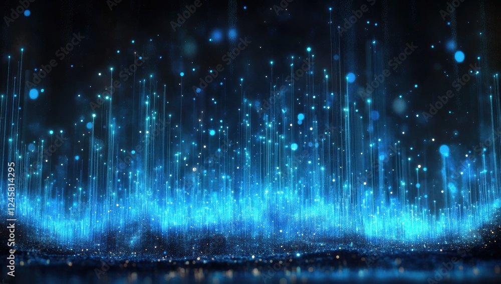 Poster Elegant Blue Light Particles Creating a Stunning Visual Effect of Stars on Background in a Dark Space with Glowing Lights in Vertical Motion