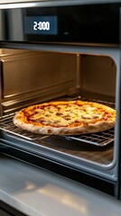 An open microwave displays a delicious meat pizza with fresh basil on top, showcasing modern design and culinary appeal