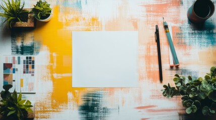 Blank White Paper on Vibrant Textured Background with Plants and Pencils
