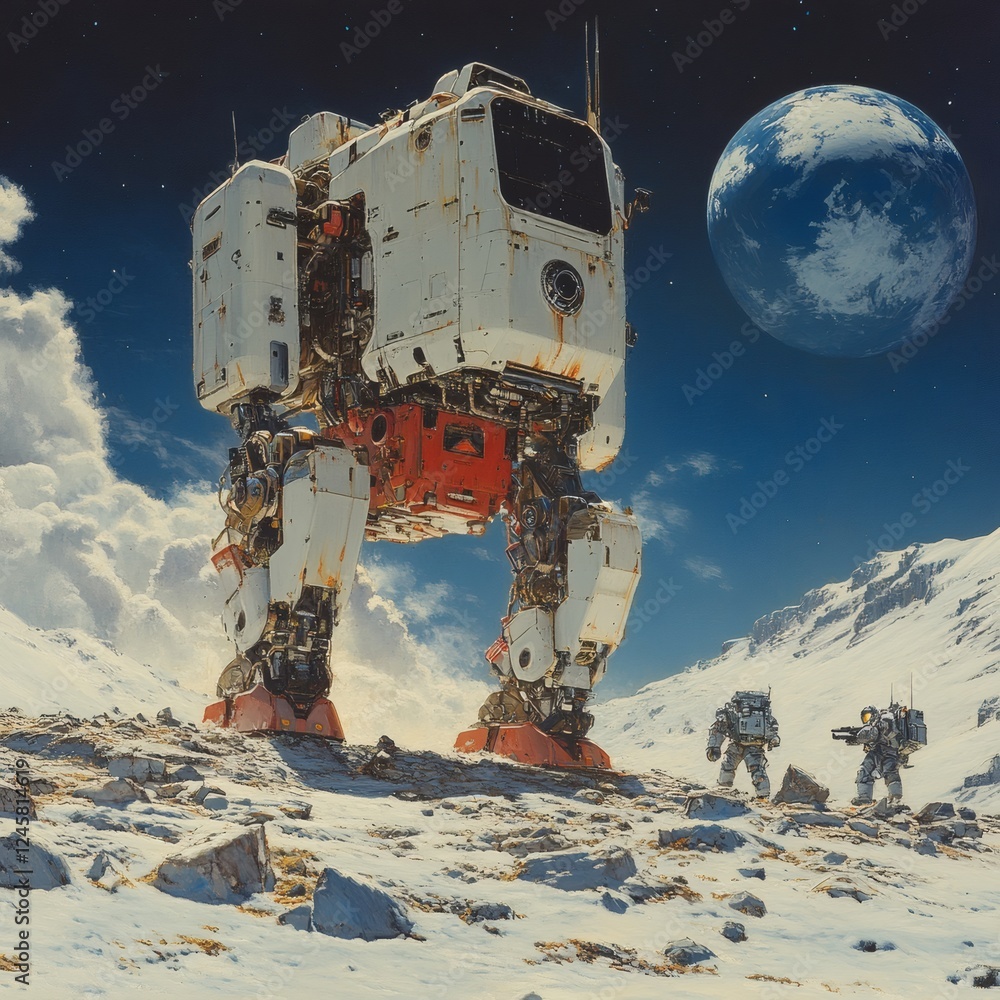 Poster squarebodied robot a sleek finish moving swiftly across a moon crater landscape pursued by advanced 