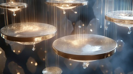 Floating drum set installation modern art gallery digital artwork indoor space eye-level view transparent shells and light