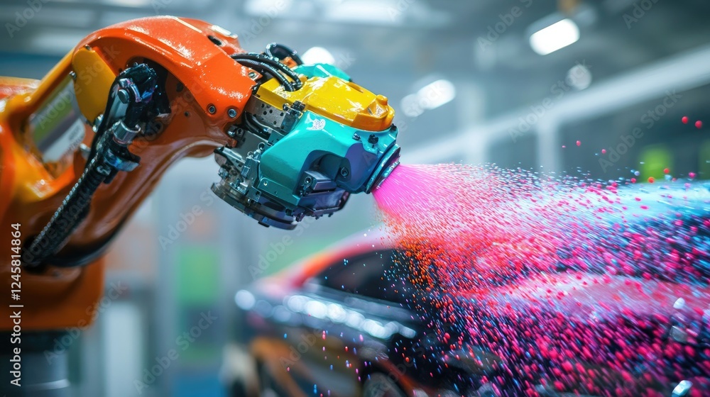 Poster A dynamic scene of a robotic arm spraying colorful paint on car parts, showcasing the accuracy and efficiency of automated painting in vehicle production.