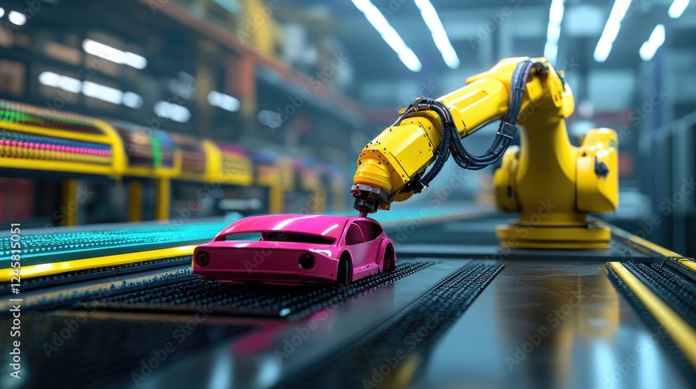 Poster A dynamic scene of a robotic arm spraying colorful paint on car parts, showcasing the accuracy and efficiency of automated painting in vehicle production.