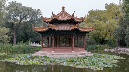 Obraz premium Serene Chinese Pagoda by the Pond: Picturesque Garden Architecture in Tranquil Natural Setting