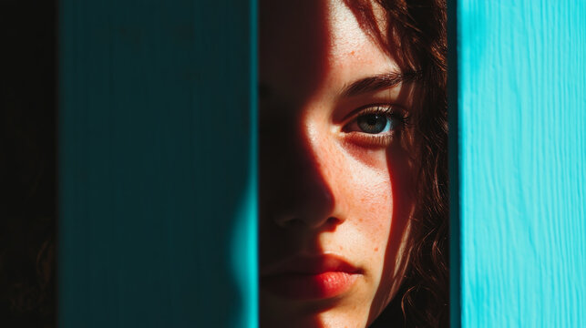 Close-up portrait capturing a young woman in dramatic light and shadow. The vibrant setting creates an intriguing and introspective mood, with her expression suggesting thoughtfulness or reflection.
