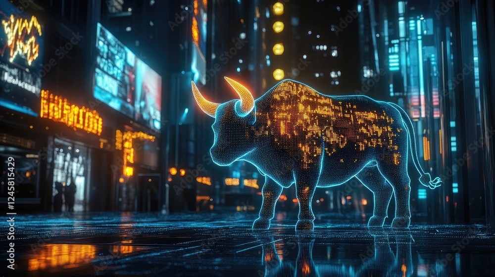 Poster a dynamic view of stock market data with rising share prices and a bull icon, against the backdrop o