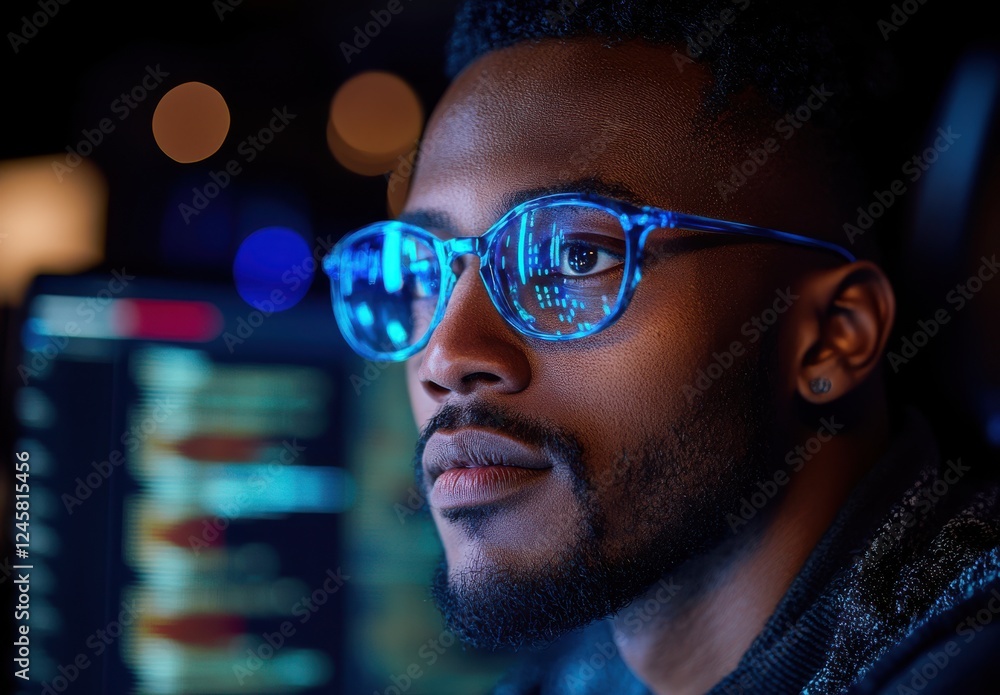 Poster focused male with glasses observing digital interface while working in a modern tech environment, im