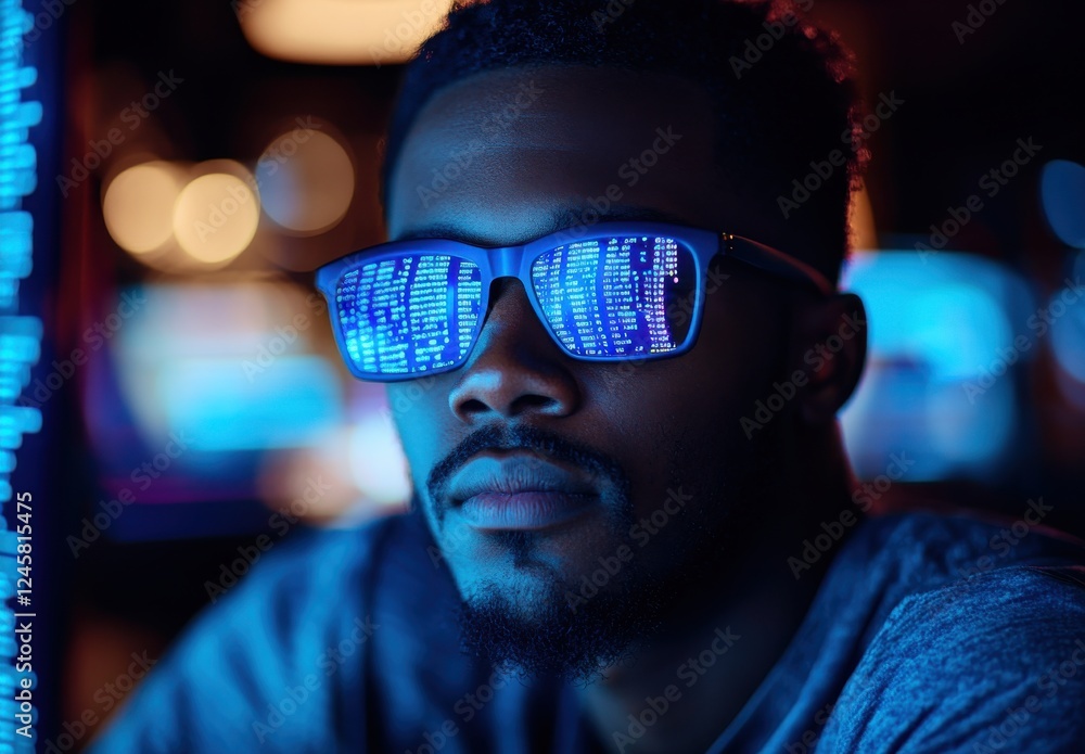 Poster focused man wearing futuristic sunglasses reflecting digital data in a high-tech environment showcas