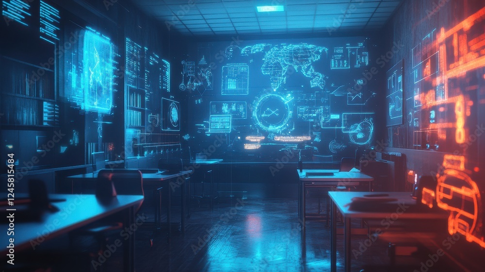 Poster futuristic control room with digital displays and data analysis tools