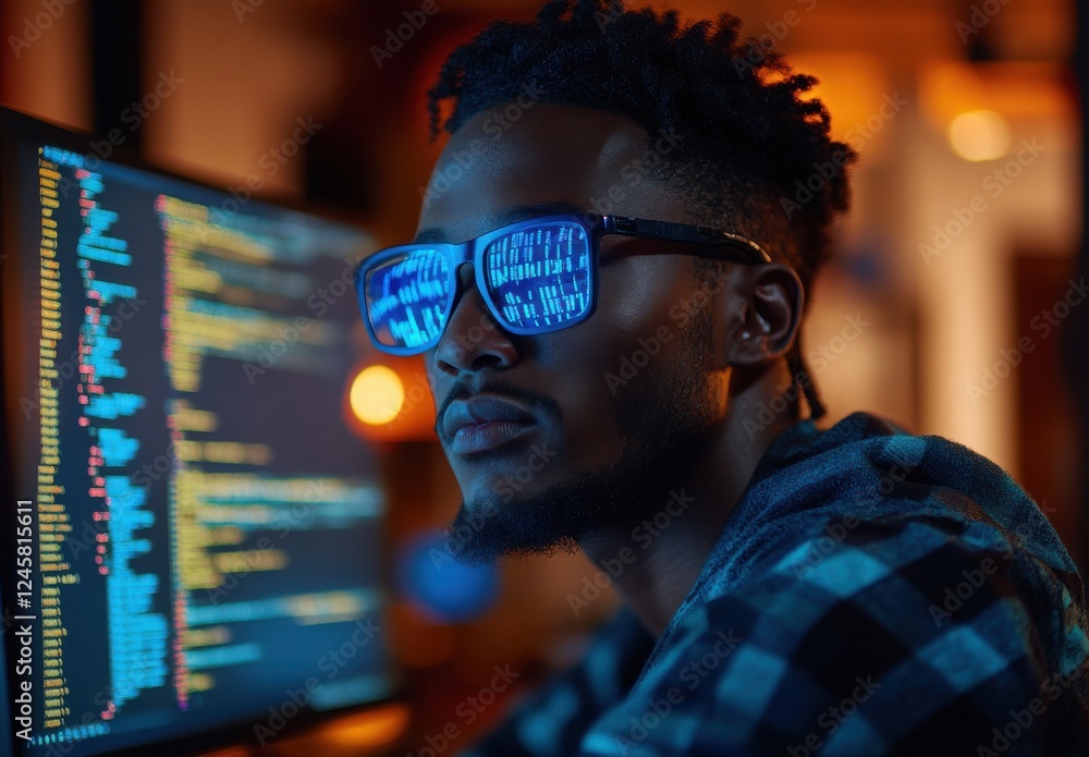 Aufkleber focused programmer with stylish sunglasses analyzing code on computer screen in modern workspace, ne