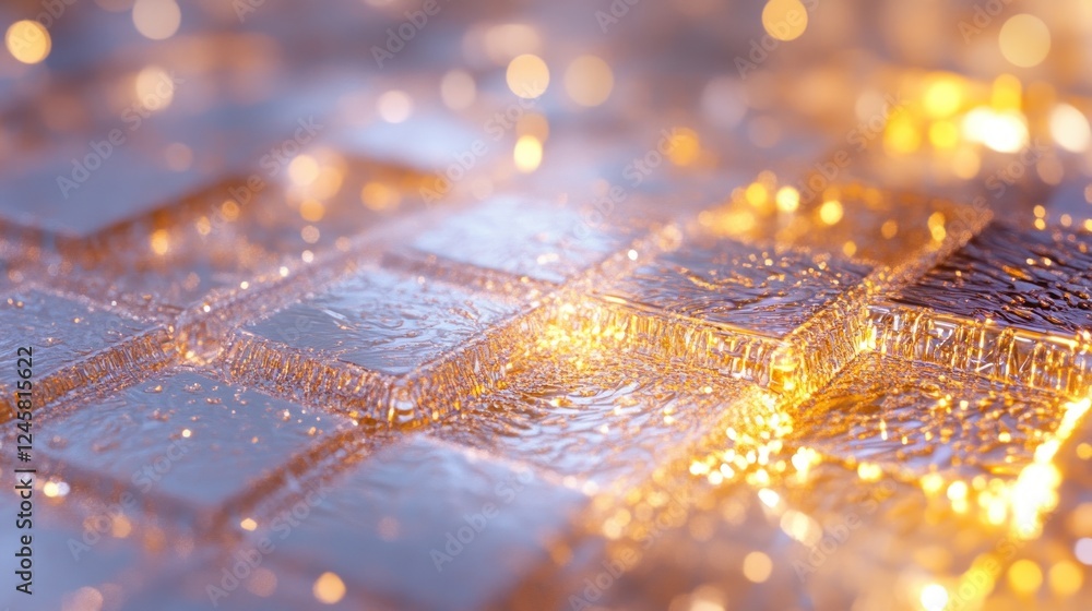 Aufkleber intricate holographic tech grid with luminous golden accents and a mesmerizing depth of field effect