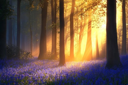 Sunbeams illuminate misty bluebell forest at dawn; nature serenity - Powered by Adobe