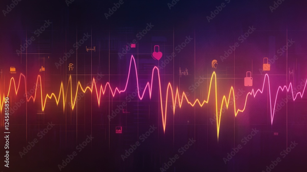 Poster A dynamic visual representation of a pulse or heartbeat rhythm syncing with icons of startups launching, symbolizing entrepreneurial energy in the economy.