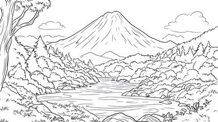Mountain river landscape coloring page, nature scene