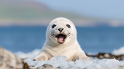 Obraz premium Happy seal pup on coastal rocks, ocean background