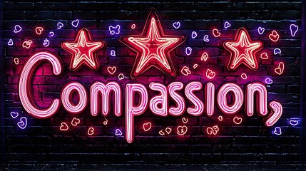 Fototapeta premium Neon Sign Compassion, Love, and Stars on Brick Wall.