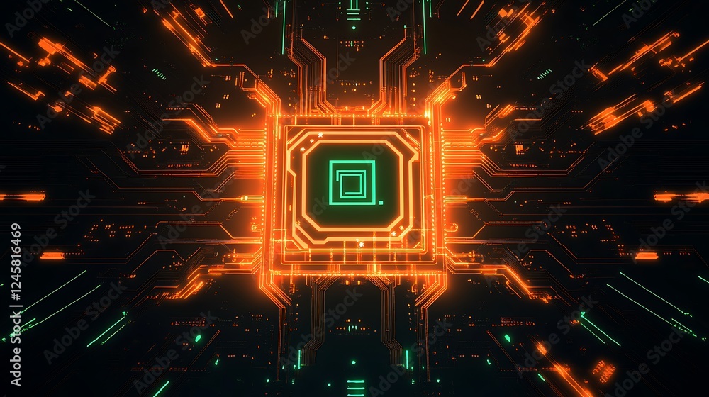 Poster a sharp and vibrant abstract vector design showcasing a futuristic circuit board in glowing orange a