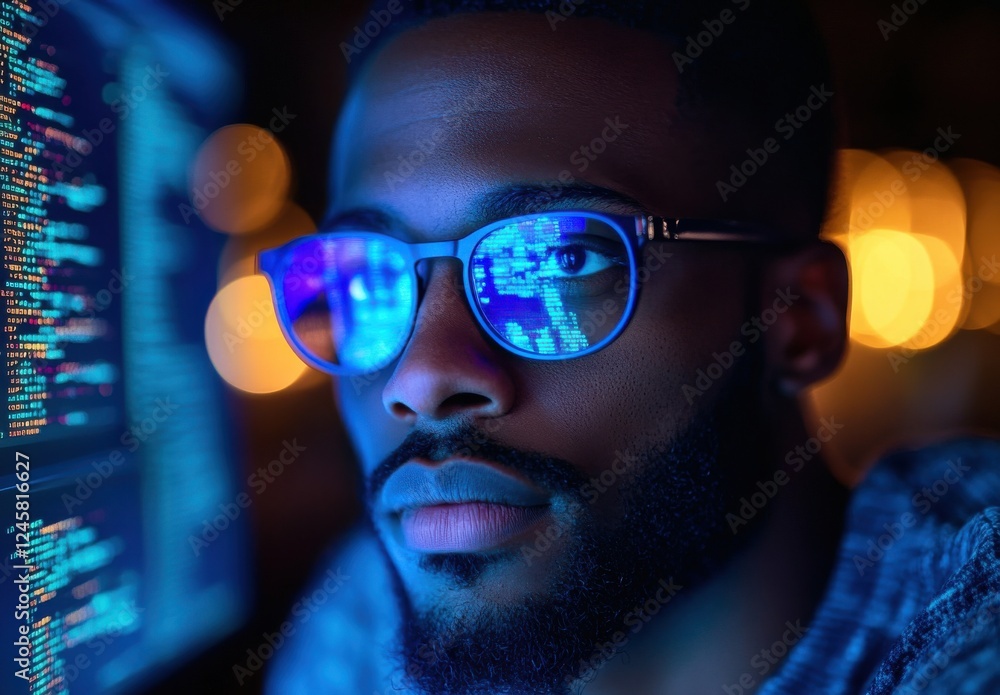 Poster focused young programmer with stylish glasses and illuminated computer screens reflecting code in a 